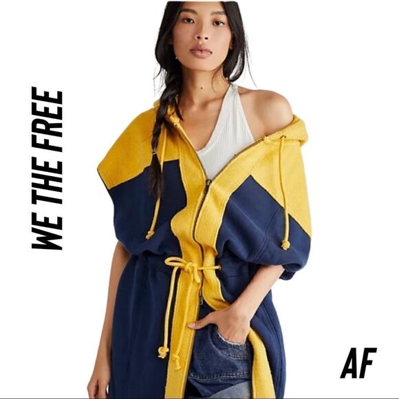 WE THE FREE LONG VEST BEACH HOODIE NEW XS NAVY YELLOW - Picture 1 of 12